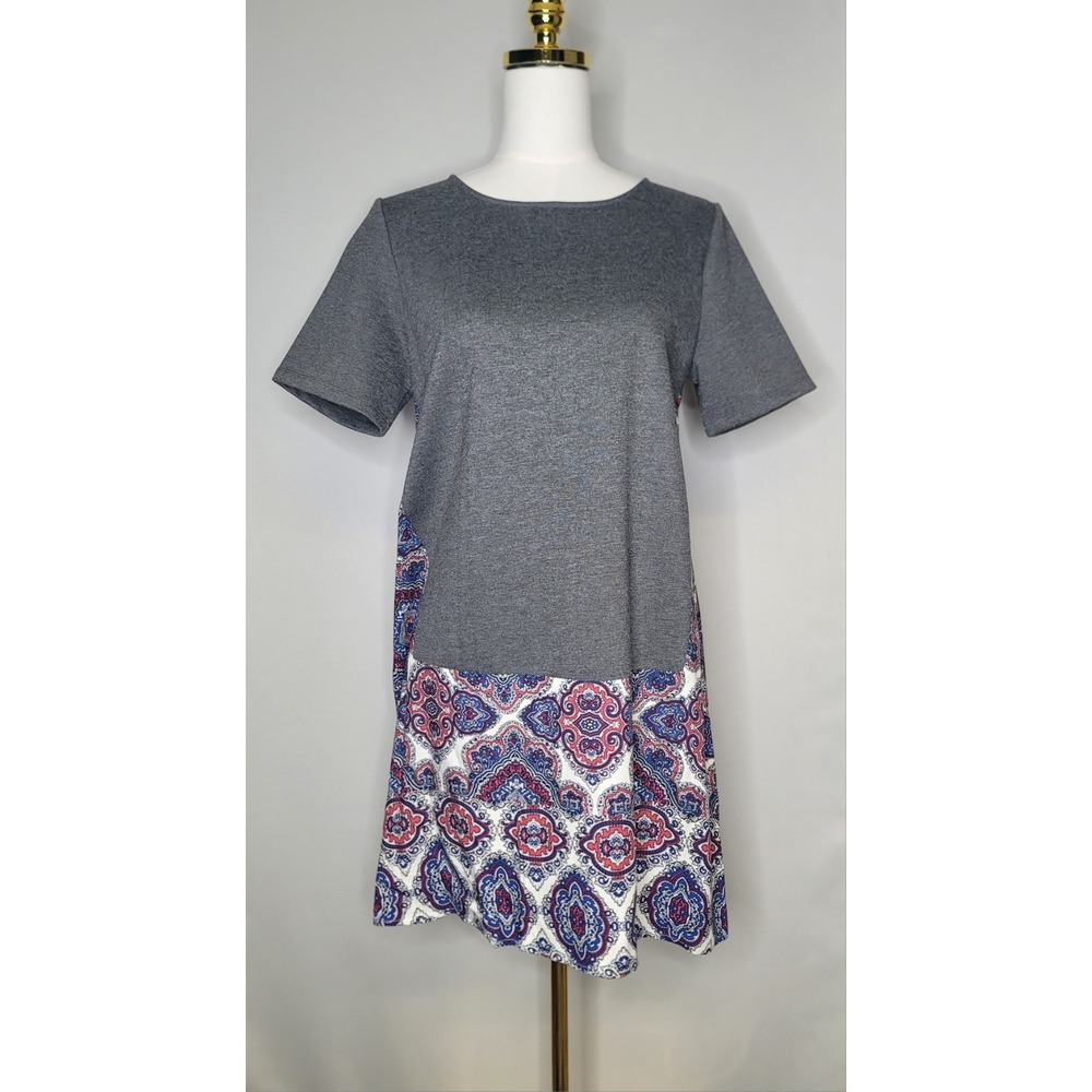 THML Paisley Dress Small Red White Blue Shift Boxy Short Sleeve Casual